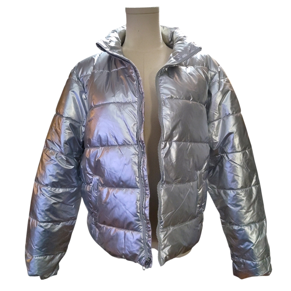 🆕️ Time and Tru Womens Silver Metallic Puffer Coat Size Medium (8-10) - Picture 2 of 7